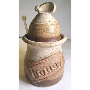 Wagner Village Pottery Glazed Honey Pot and Wooden Dipper Hand Made Signed